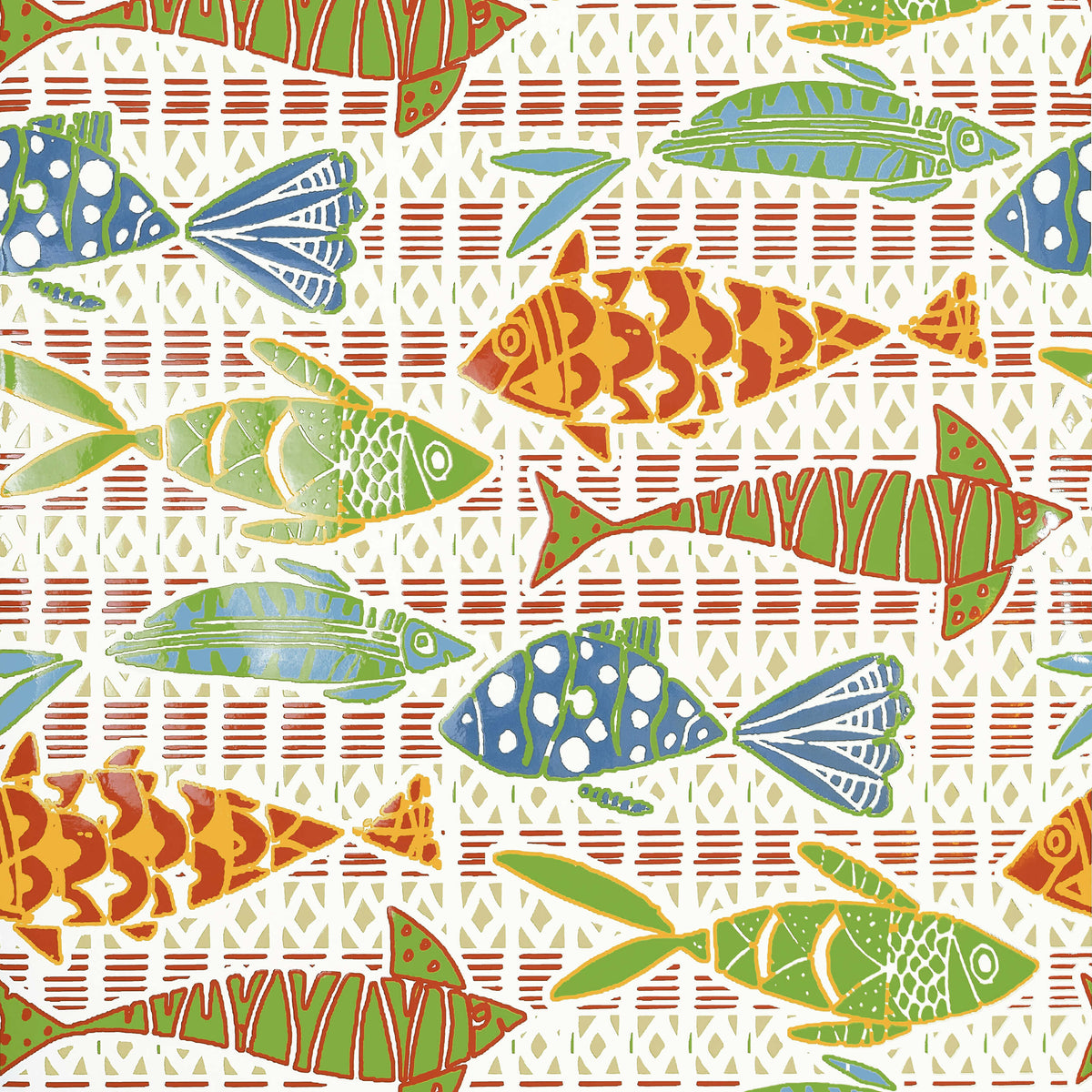 Thibaut Islander Batik Fish Wallpaper - Coral & Blue