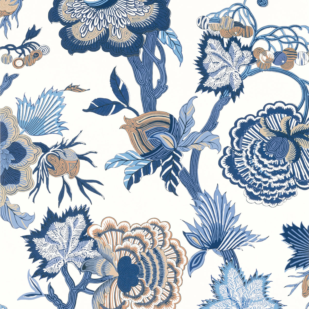 Thibaut Indienne Jacobean Wallpaper Sample - Blue & White