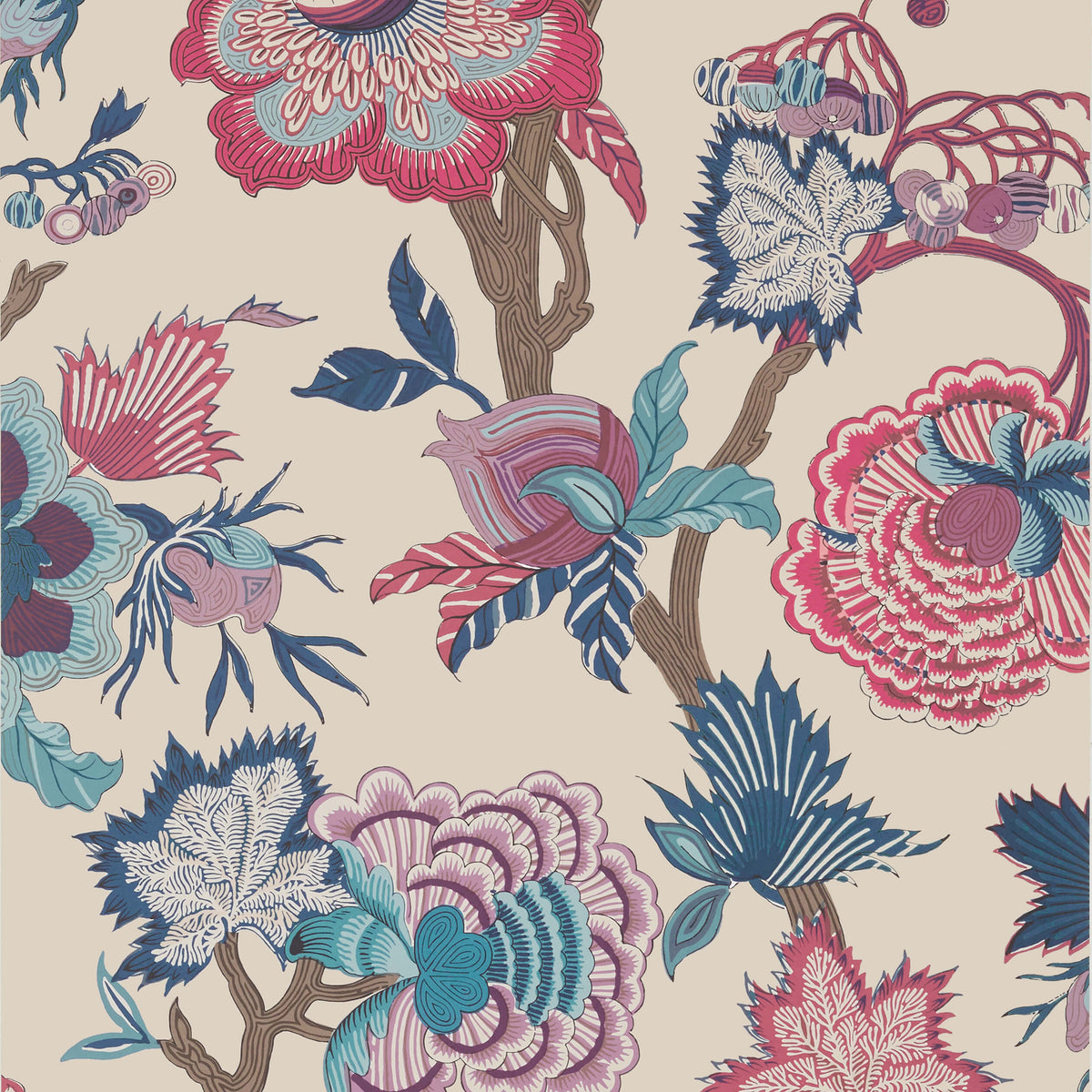 Thibaut Indienne Jacobean Wallpaper Sample - Raspberry & Blue
