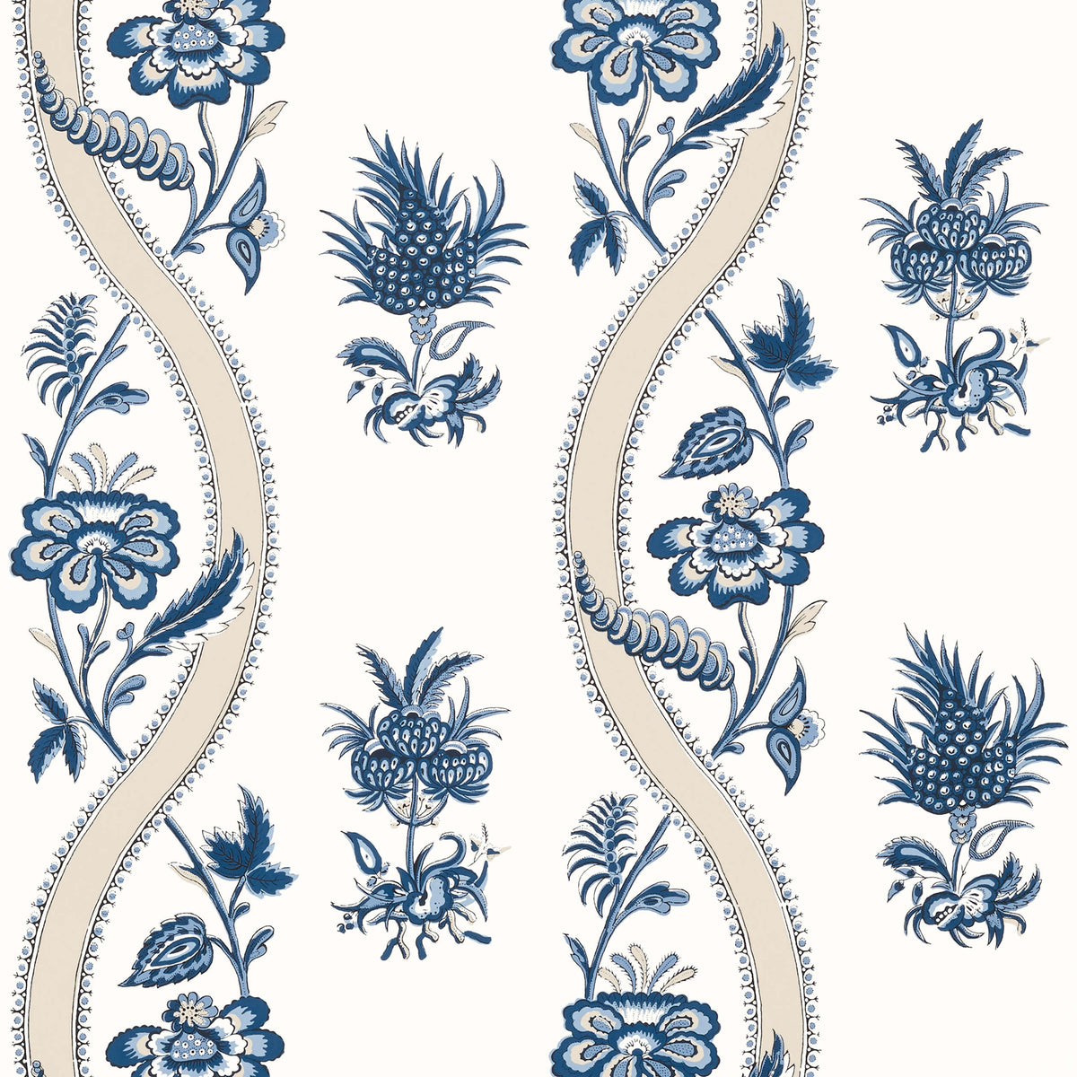 Thibaut Indienne Ribbon Floral Wallpaper - Blue & White