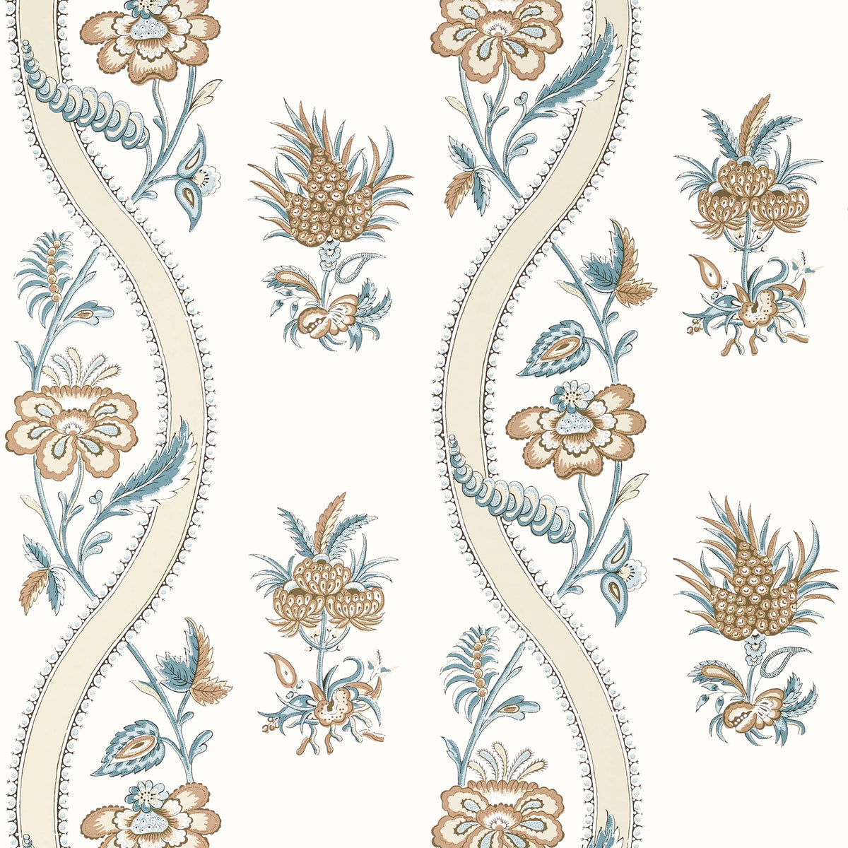 Thibaut Indienne Ribbon Floral Wallpaper - Beige & Spa Blue