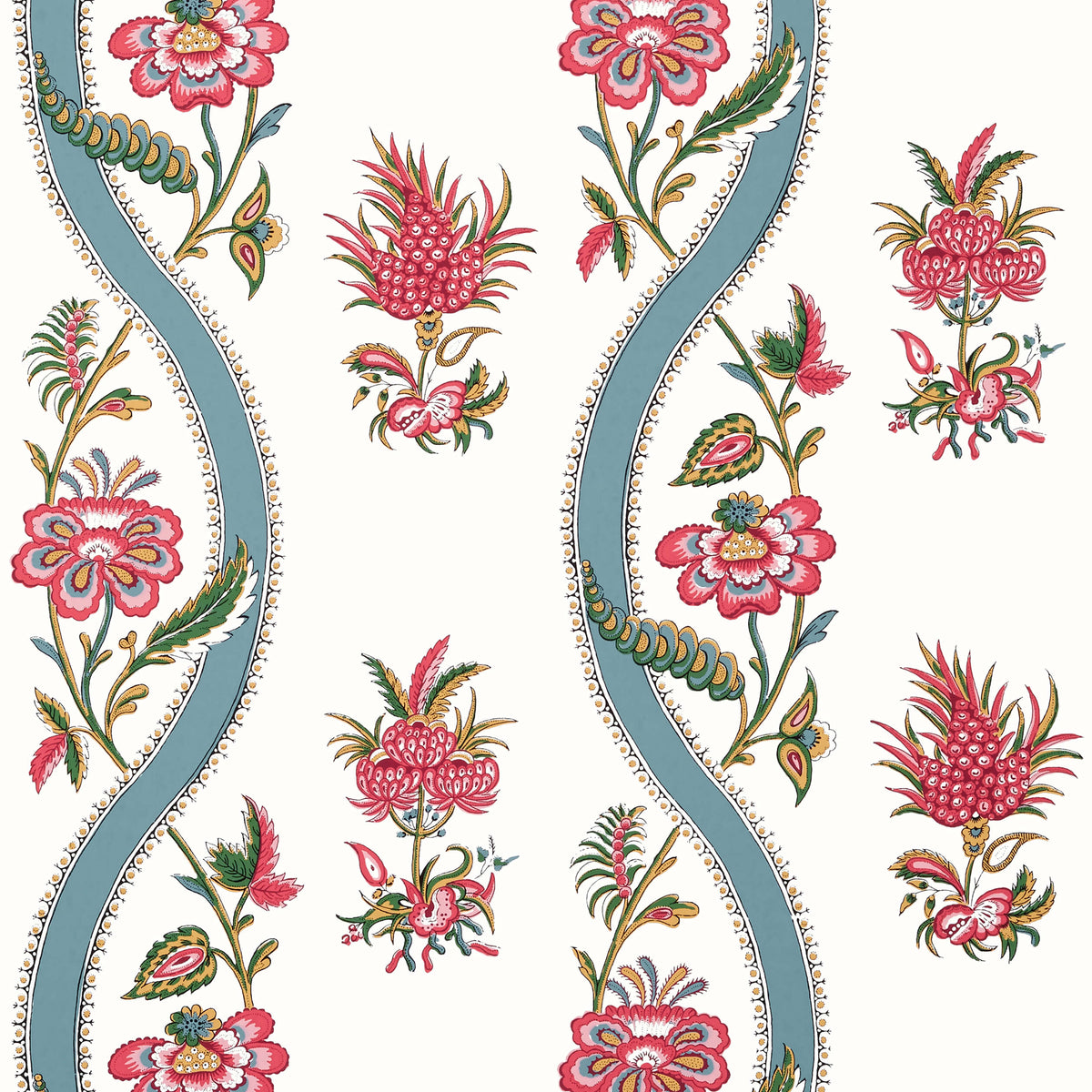 Thibaut Indienne Ribbon Floral Wallpaper Sample - Raspberry & Teal