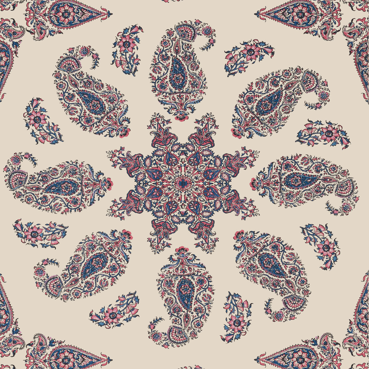 Thibaut Indienne East India Wallpaper Sample - Raspberry & Natural