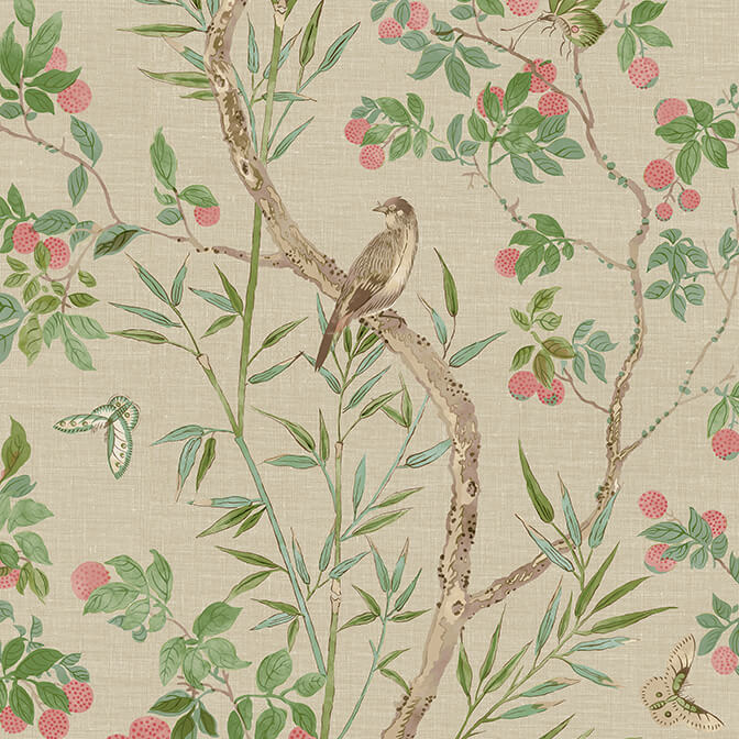 Thibaut Sojourn Claire Wallpaper - Coral & Green