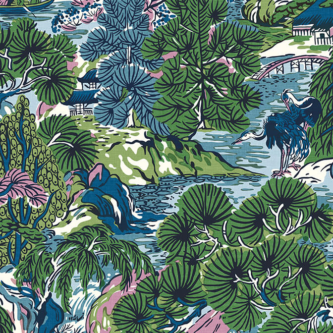 Thibaut Sojourn Pagoda Trees Wallpaper Sample - Lavender & Blue