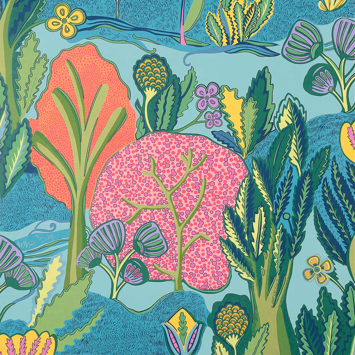 Thibaut Wanderlust Albero Wallpaper - Tangerine & Turquoise