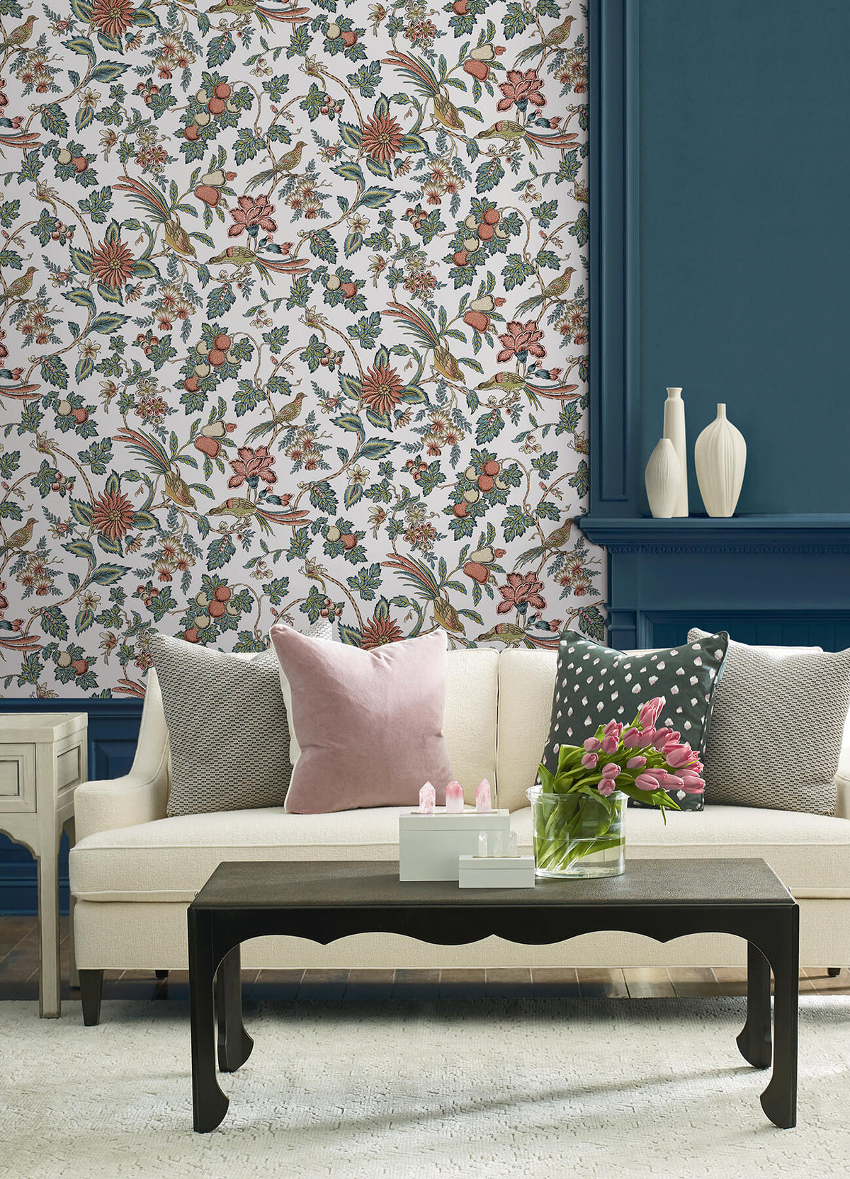 Antonina Vella Jardin Parterre Wallpaper Sample - Cornflower & Ginger