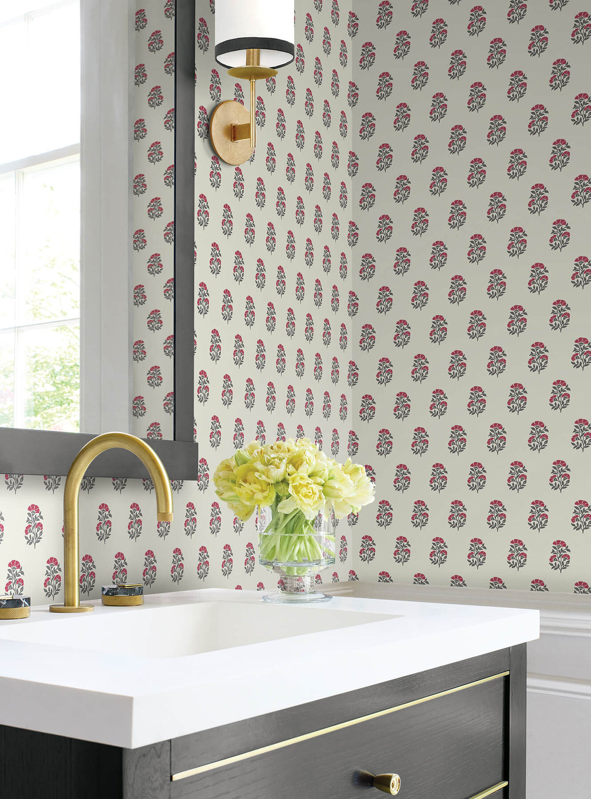 Antonina Vella Jardin Sylvie Wallpaper Sample - Red & Charcoal