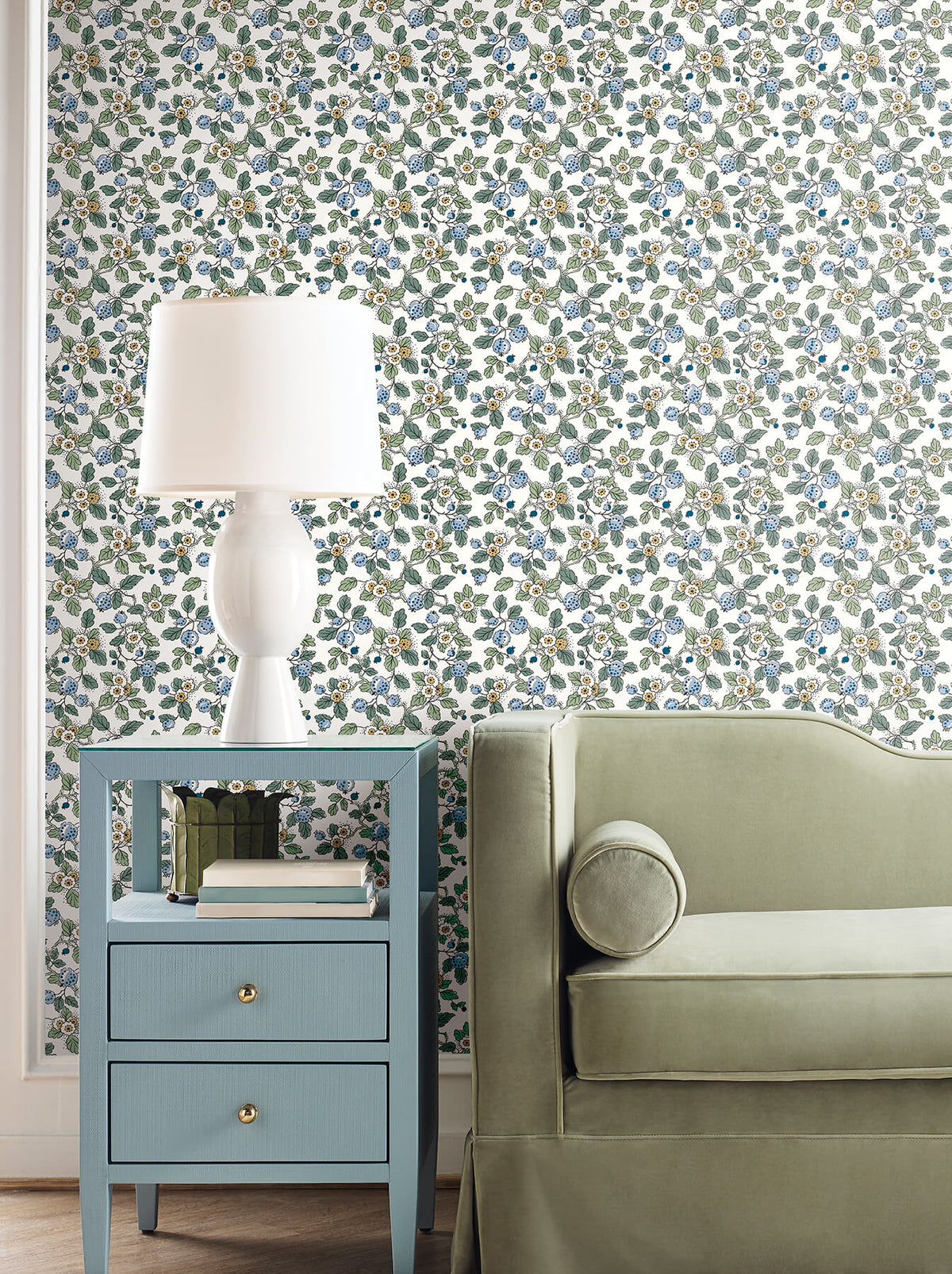Antonina Vella Jardin Framboise Wallpaper Sample - Blue & Green