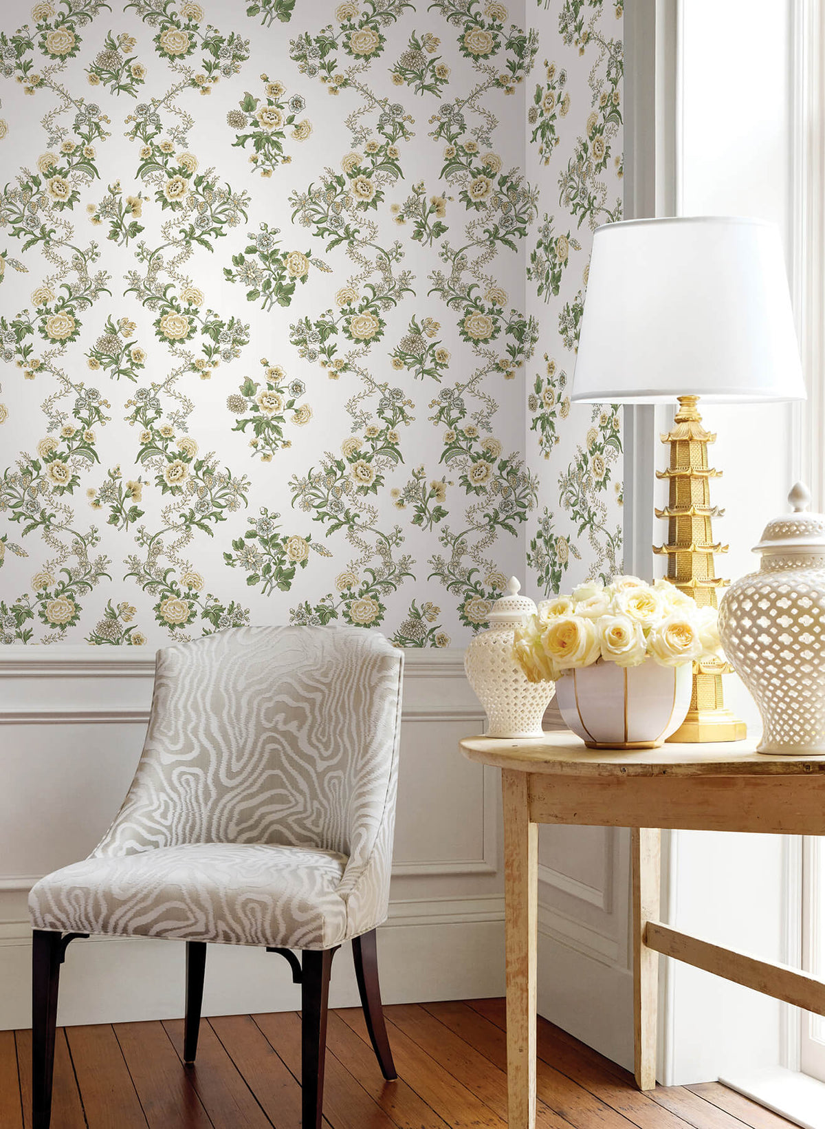Antonina Vella Jardin Genevieve Wallpaper Sample - Butter & Green