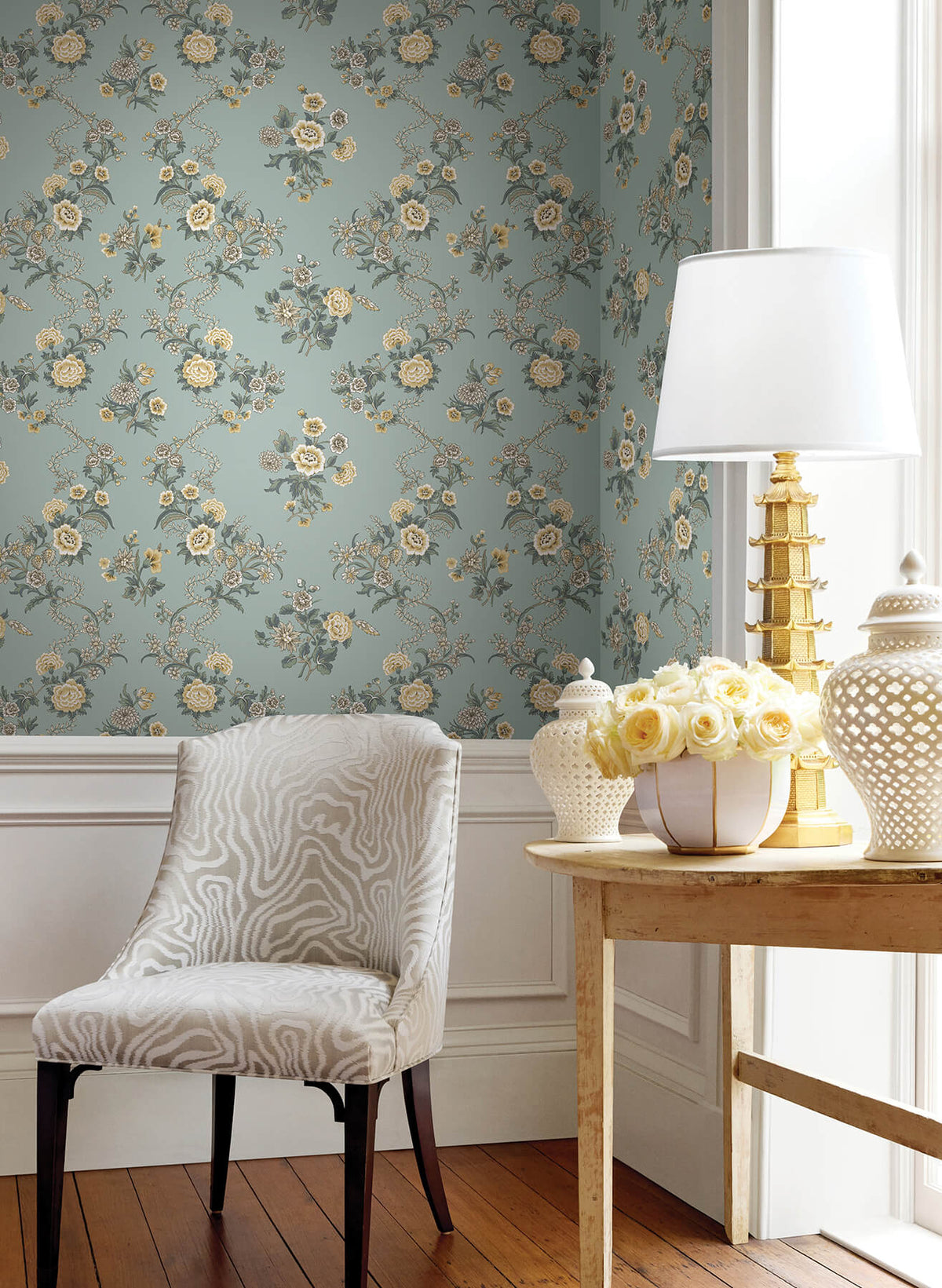 Antonina Vella Jardin Genevieve Wallpaper Sample - Harbor Blue