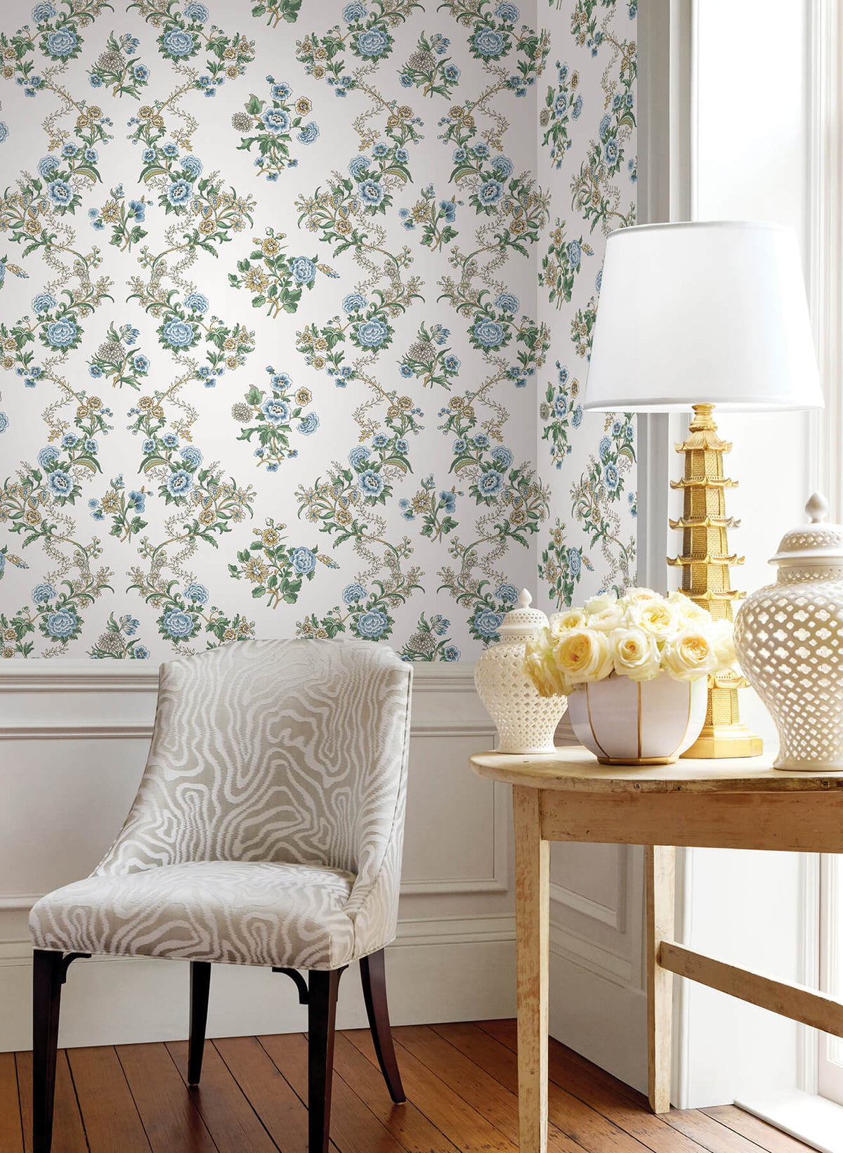Antonina Vella Jardin Genevieve Wallpaper Sample - Blue & Green