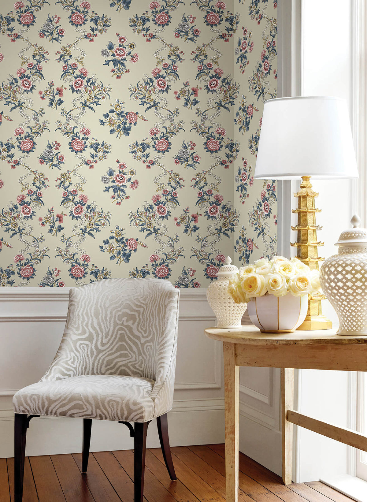 Antonina Vella Jardin Genevieve Wallpaper Sample - Red & Navy