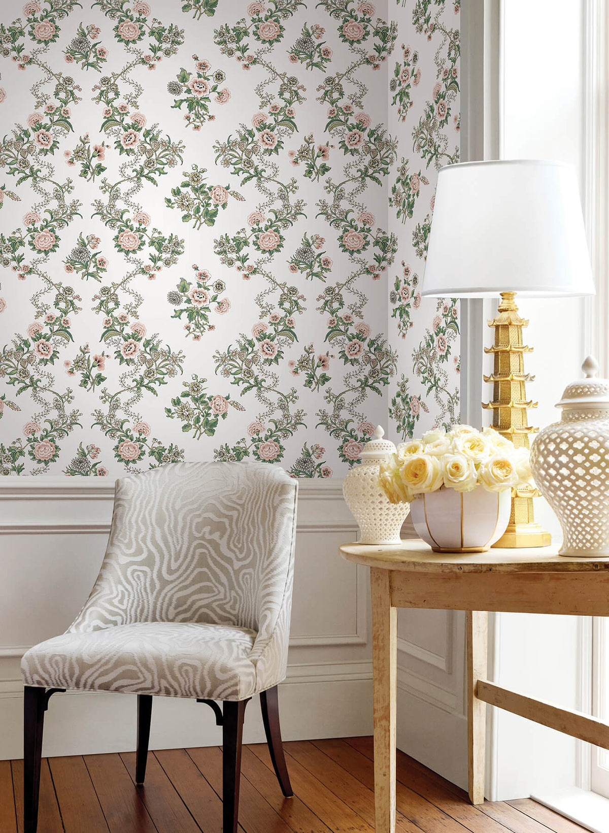 Antonina Vella Jardin Genevieve Wallpaper Sample - Pink & Green