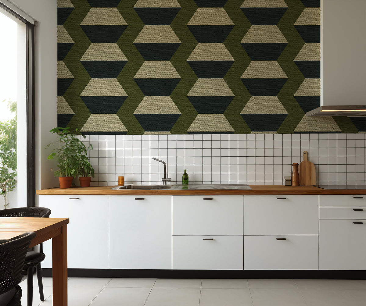 Mitchell Black Chroma Infinity Blocks Wallpaper Sample - Olive Taupe