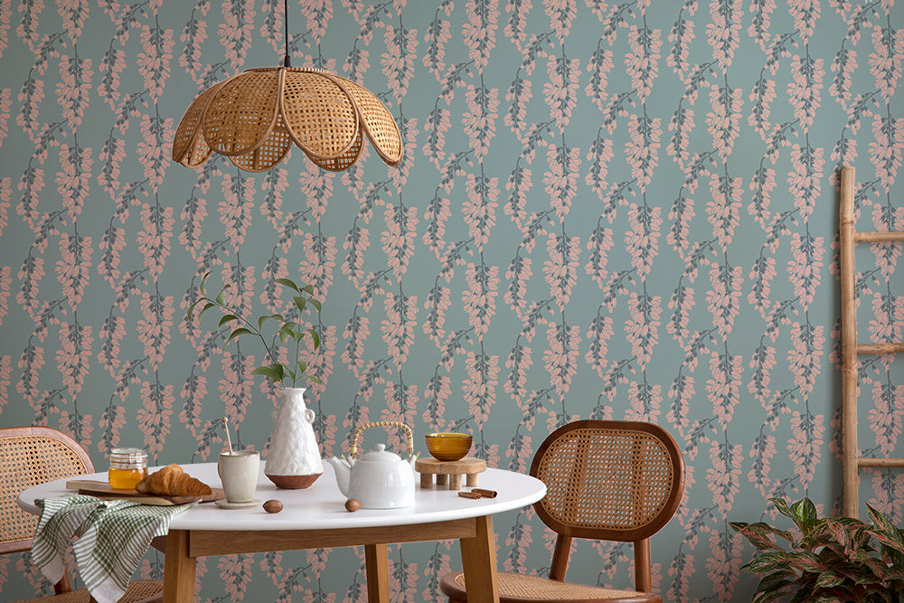 Mitchell Black Nomad Wisteria Floral Wallpaper Sample - Light Blue