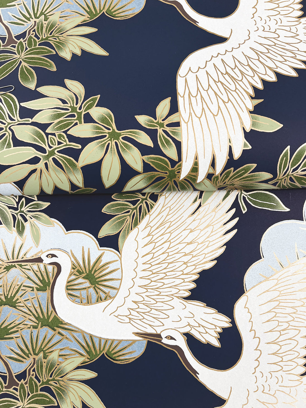Ronald Redding Tea Garden Sprig & Heron Wallpaper Sample - Navy