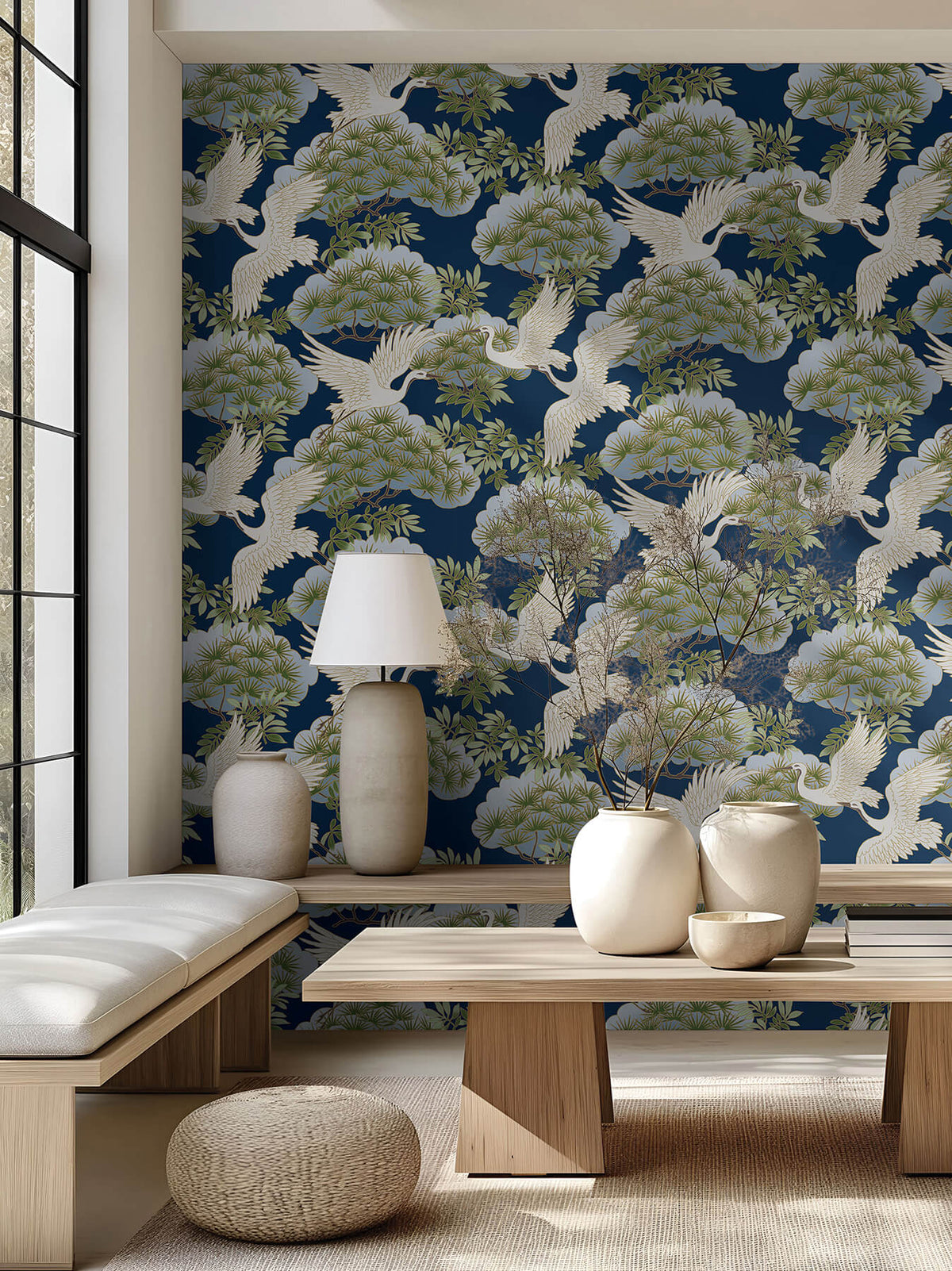 Ronald Redding Tea Garden Sprig & Heron Wallpaper Sample - Navy