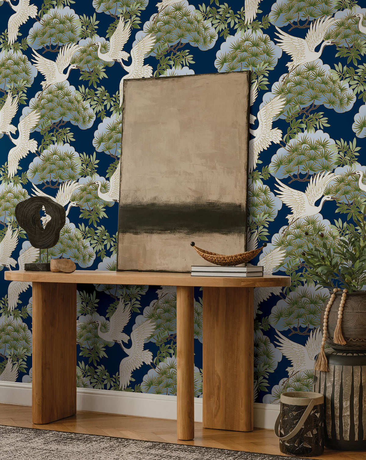Ronald Redding Tea Garden Sprig & Heron Wallpaper Sample - Navy