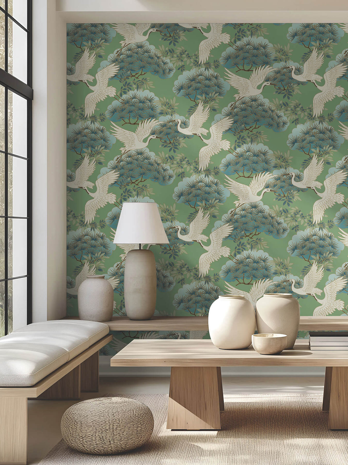 Ronald Redding Tea Garden Sprig & Heron Wallpaper - Green