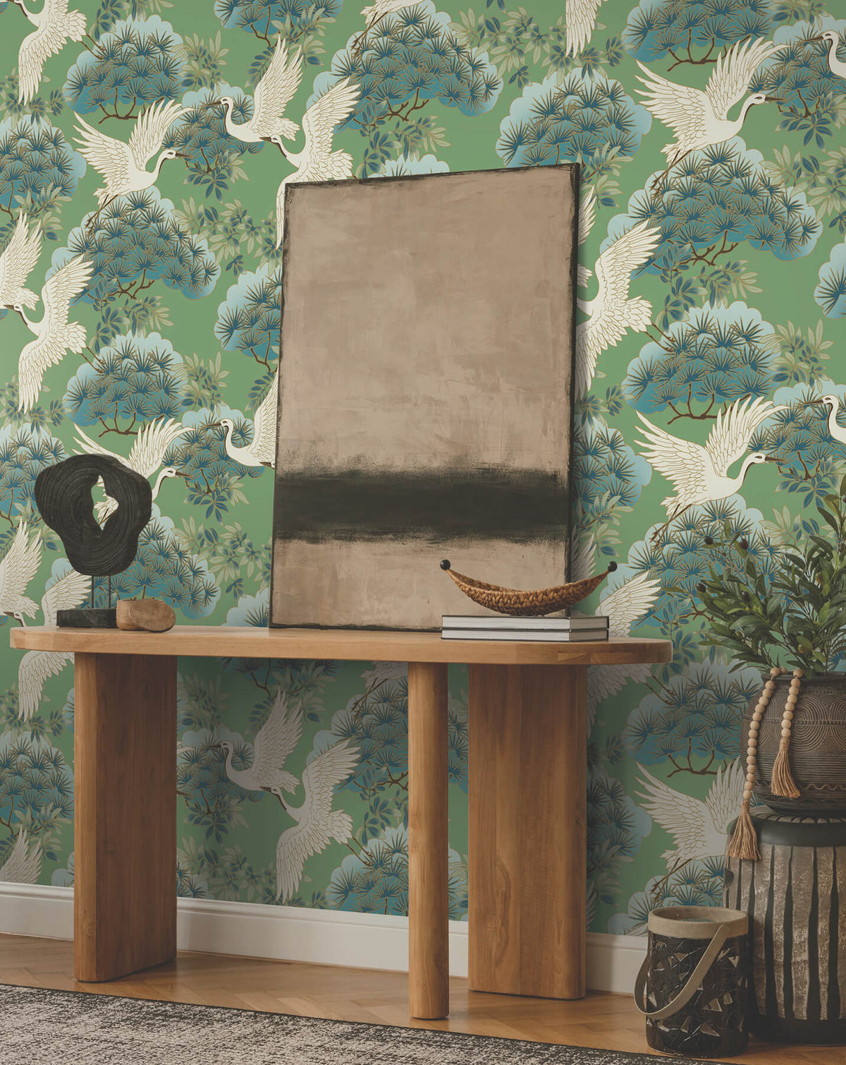 Ronald Redding Tea Garden Sprig & Heron Wallpaper - Green