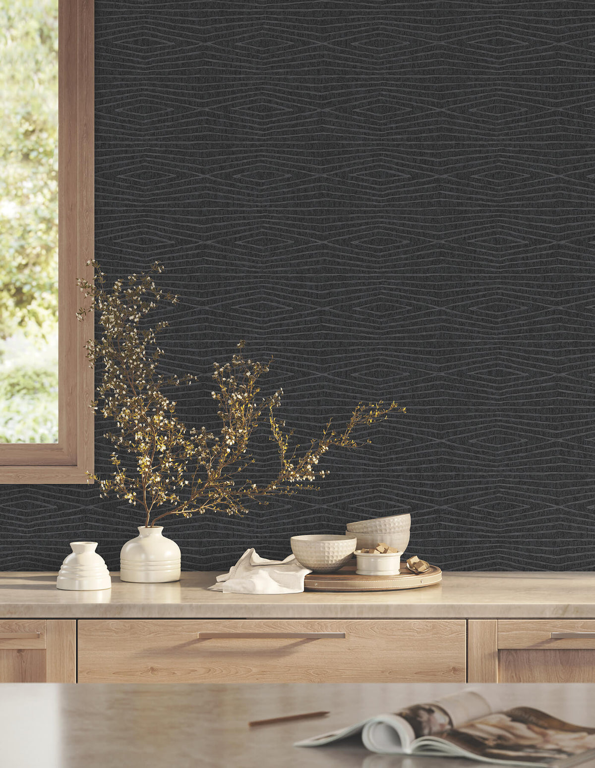 Ronald Redding Tea Garden Daystone Wallpaper Sample - Black