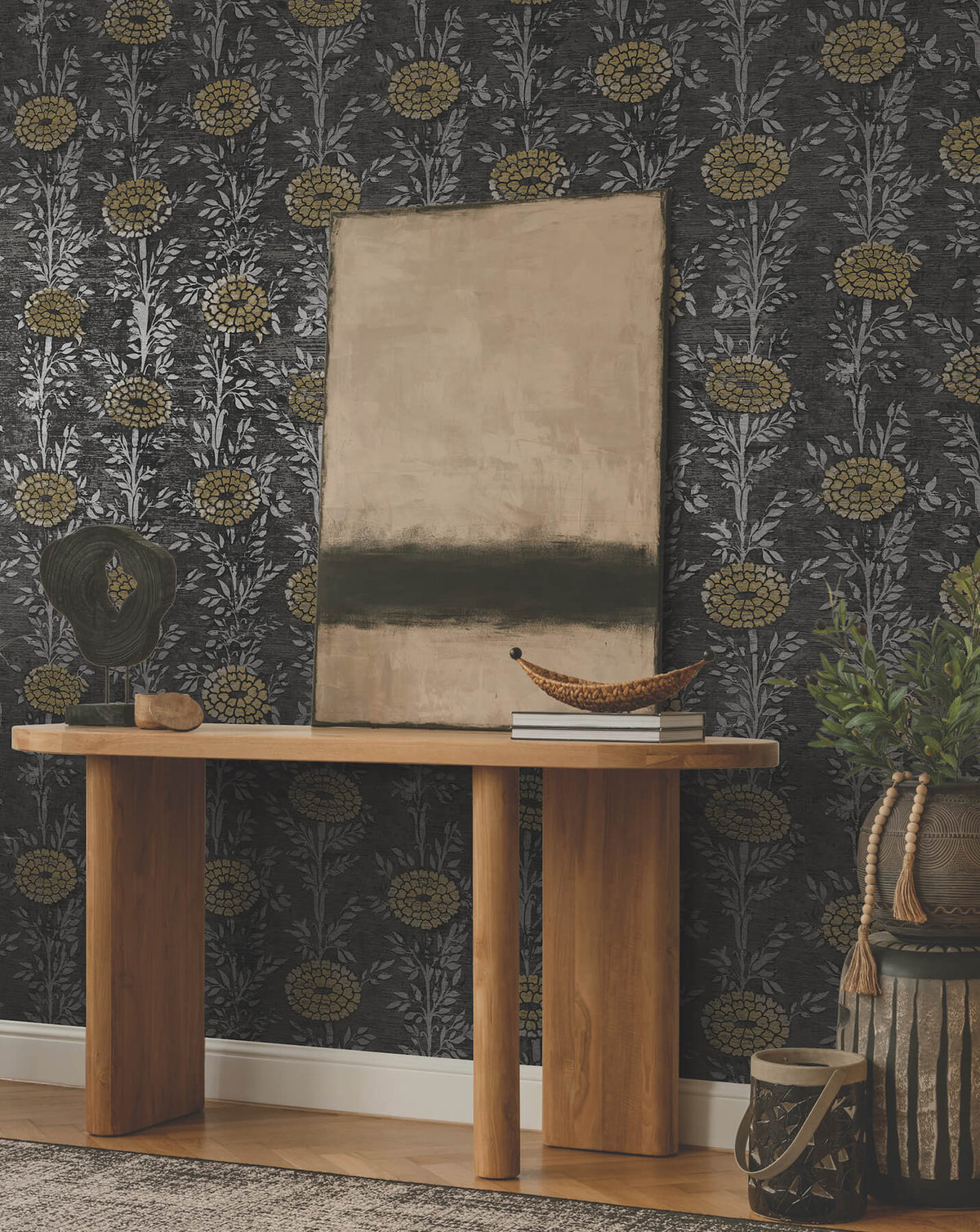 Ronald Redding Tea Garden French Marigold Wallpaper - Black & Gold