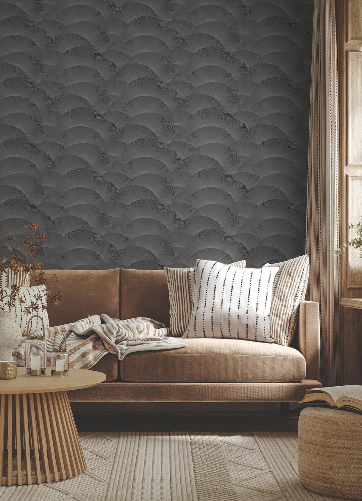 Ronald Redding Tea Garden Morning Shell Wallpaper - Black & Grey