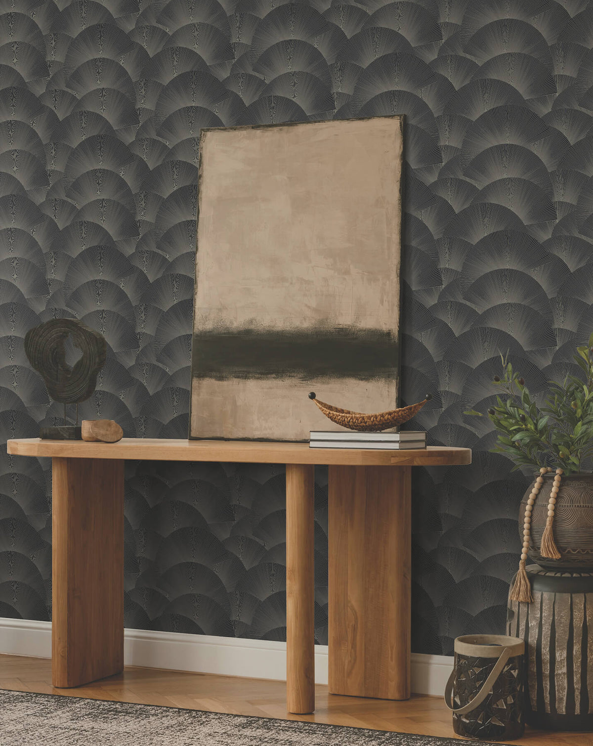 Ronald Redding Tea Garden Morning Shell Wallpaper - Black & Grey