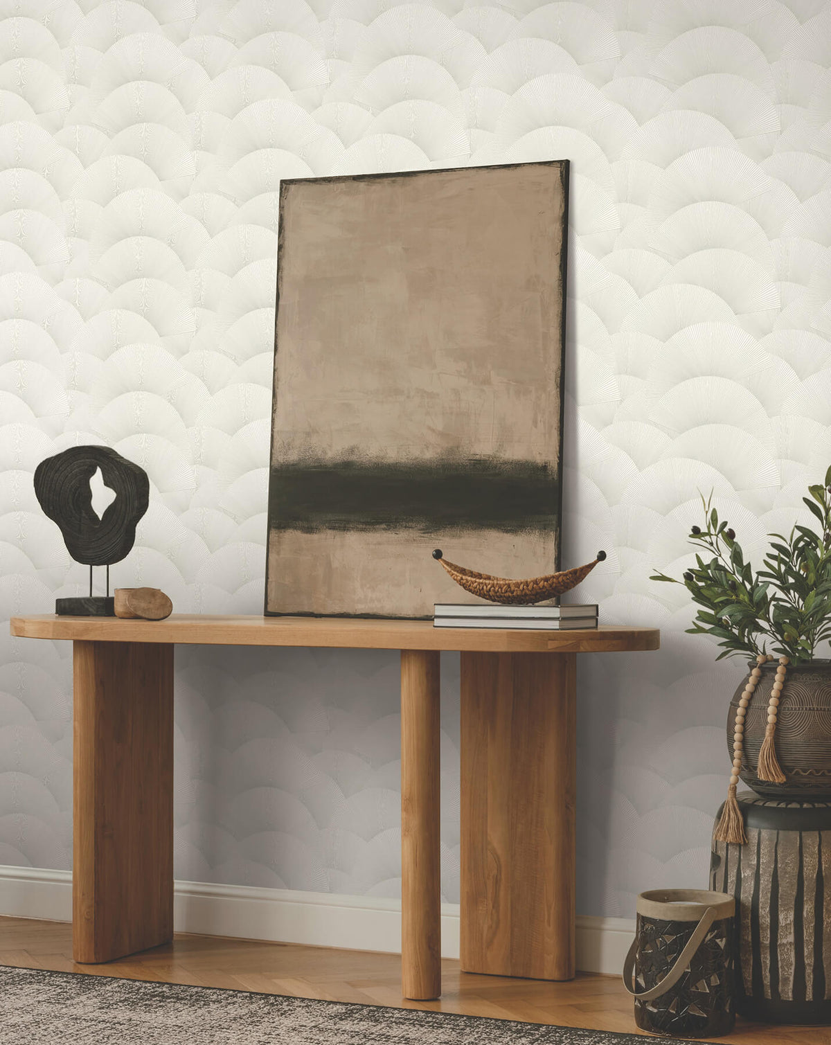 Ronald Redding Tea Garden Morning Shell Wallpaper - White & Silver