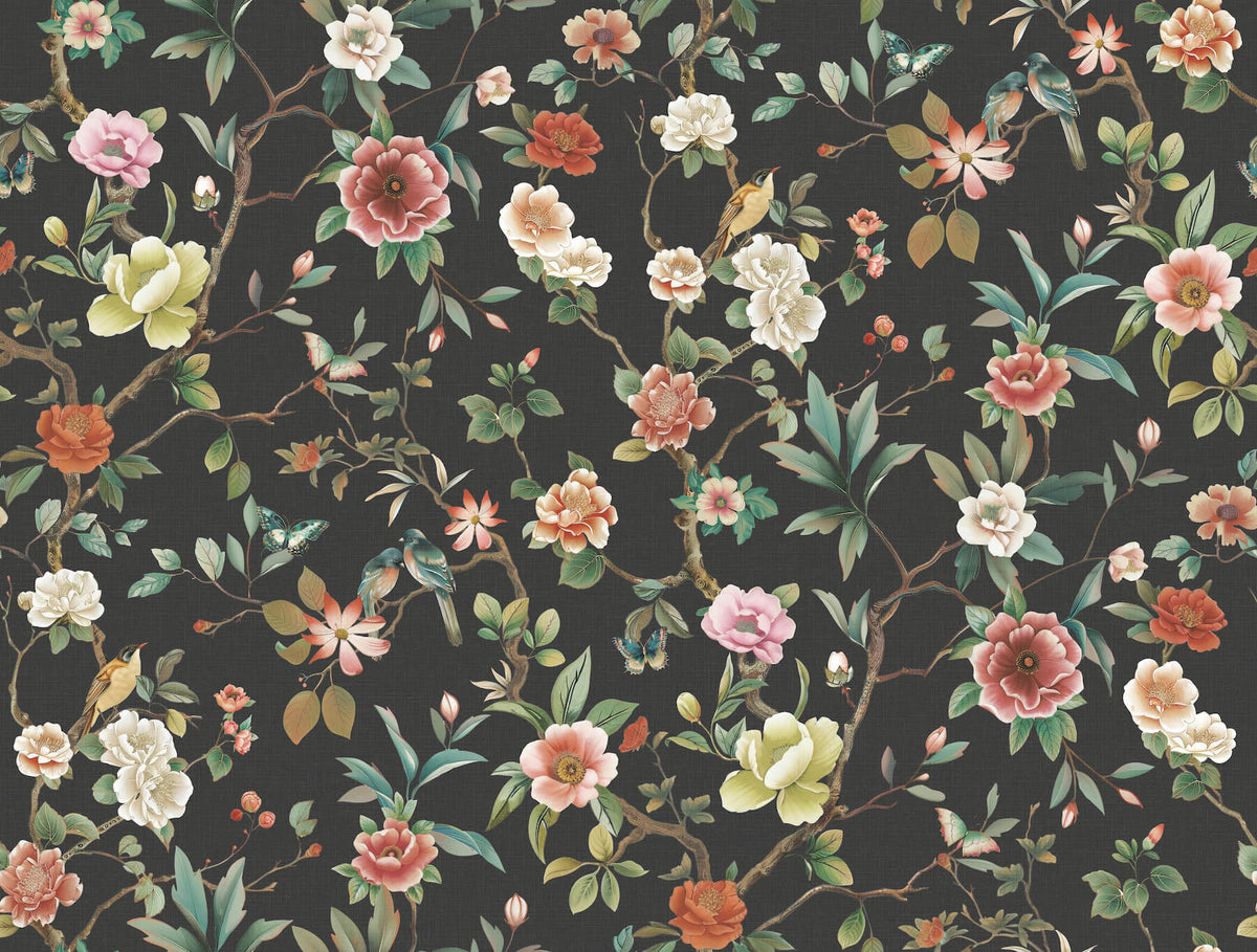 Ronald Redding Tea Garden Kimora's Garden Wallpaper Sample - Black