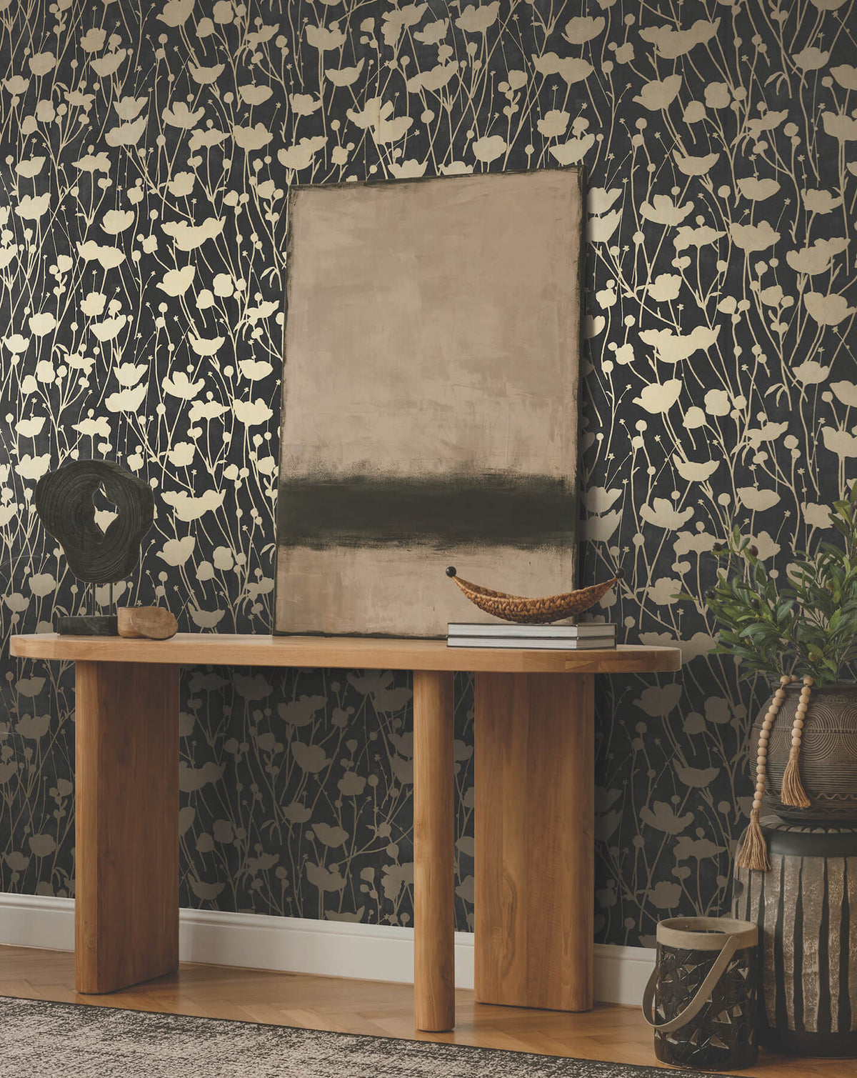 Ronald Redding Tea Garden Shimmering Poppies Wallpaper - Black & Gold