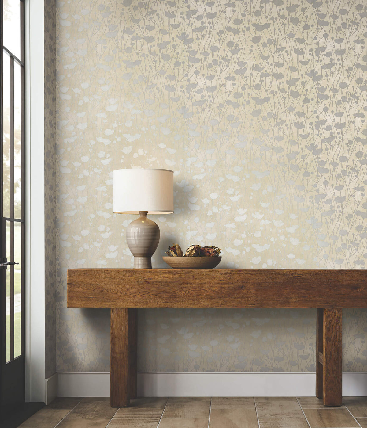 Ronald Redding Tea Garden Shimmering Poppies Wallpaper Sample - Cream & Silver