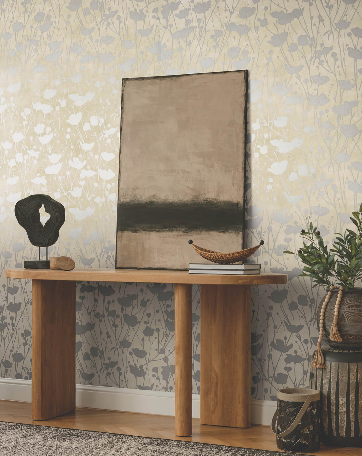 Ronald Redding Tea Garden Shimmering Poppies Wallpaper Sample - Cream & Silver