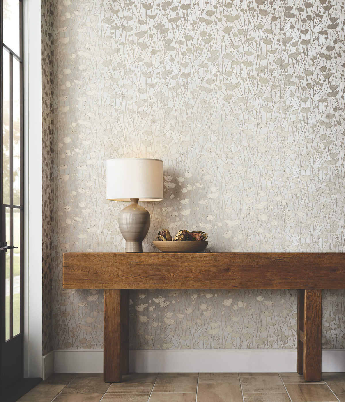 Ronald Redding Tea Garden Shimmering Poppies Wallpaper - White & Gold