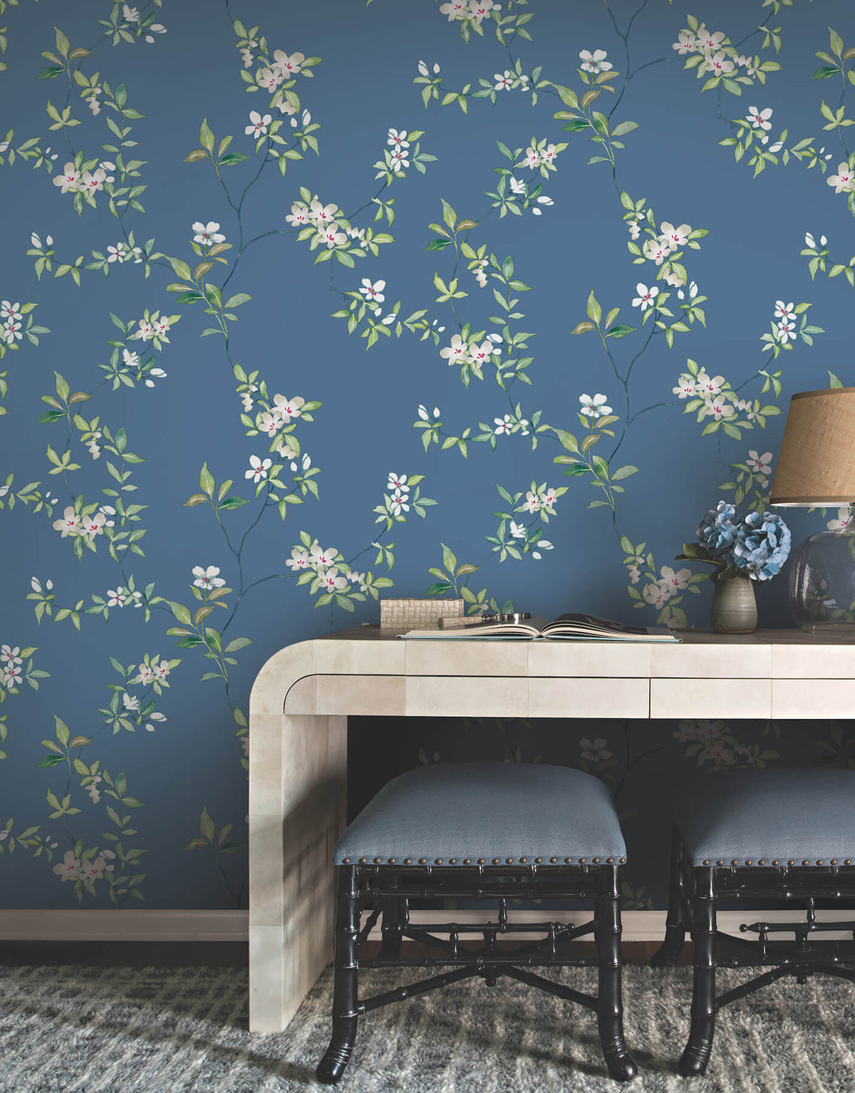 Ronald Redding Tea Garden April Blossom Wallpaper - Cobalt