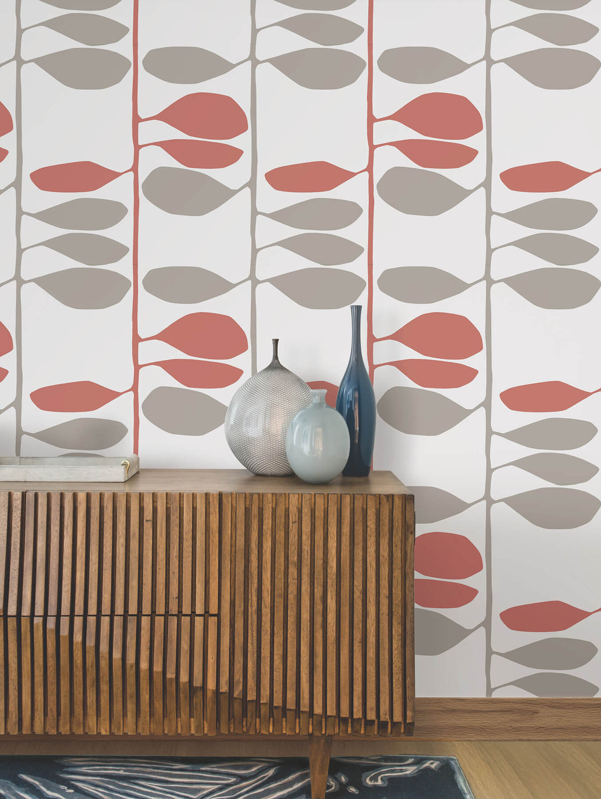 York Artisan Studio Sculpted Vines Wallpaper Sample - Vermillion & Graphite
