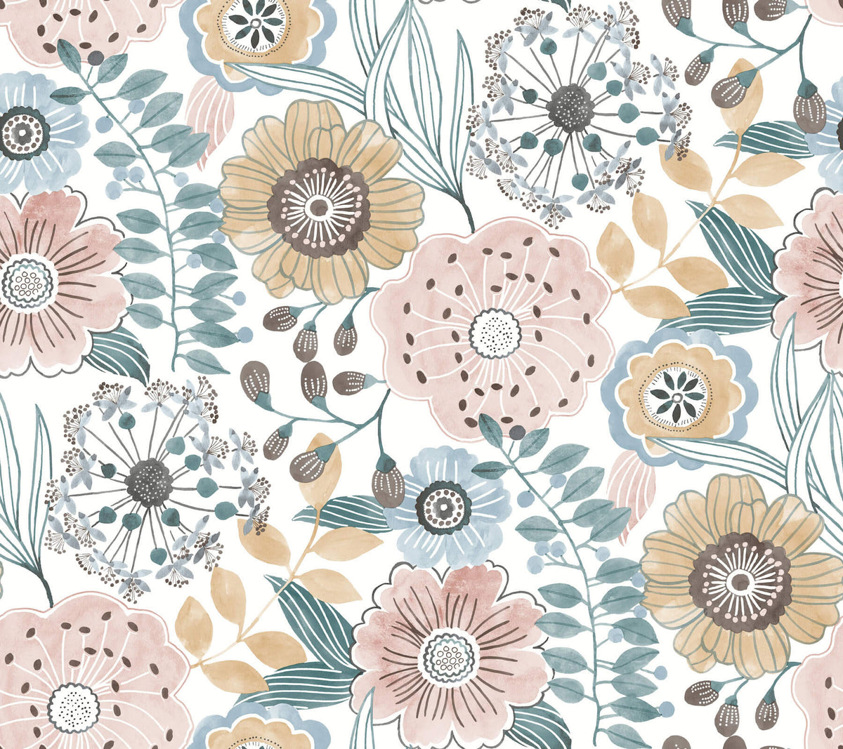 York Artisan Studio Artistic Bouquet Wallpaper Sample - Ochre & Ocean