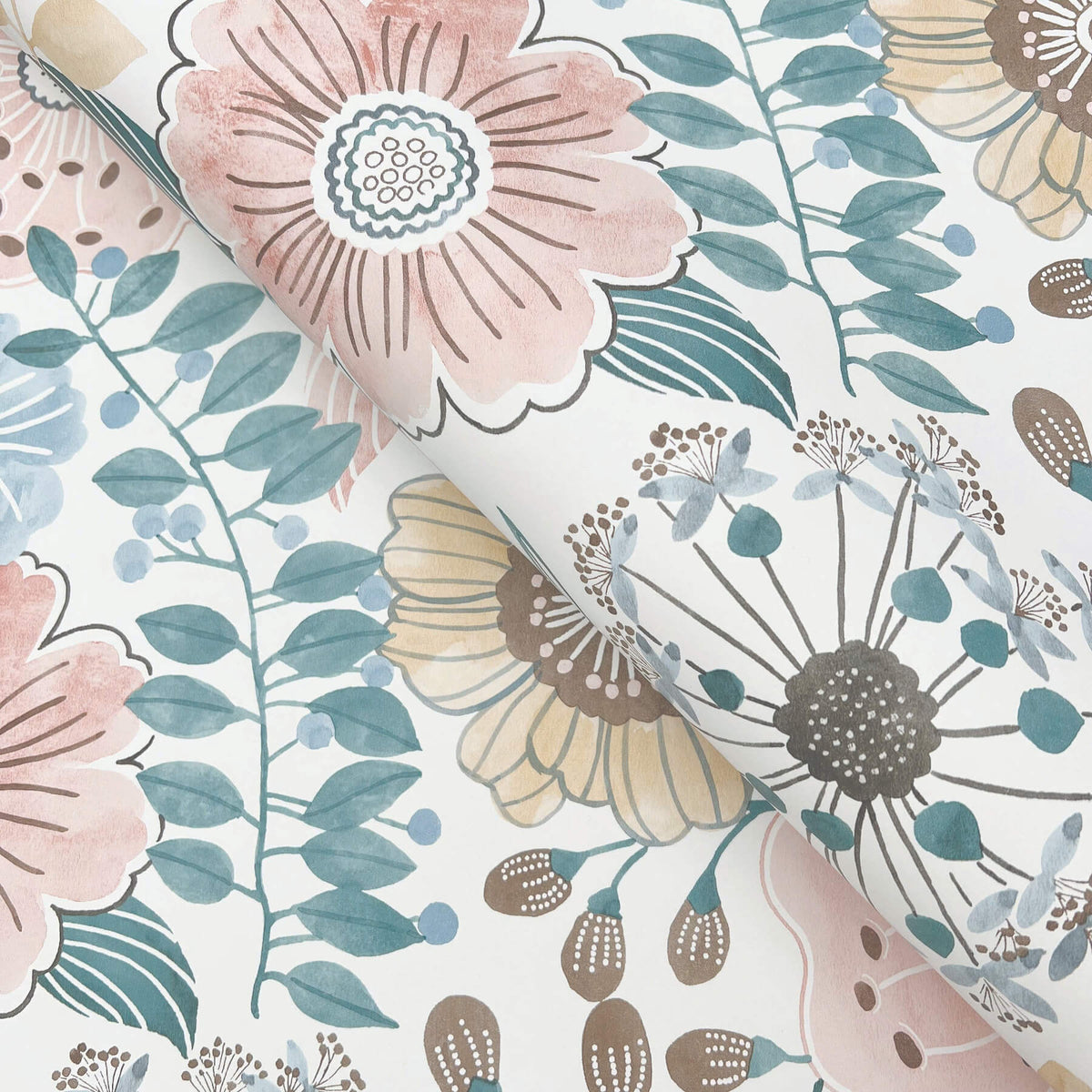 York Artisan Studio Artistic Bouquet Wallpaper Sample - Ochre & Ocean