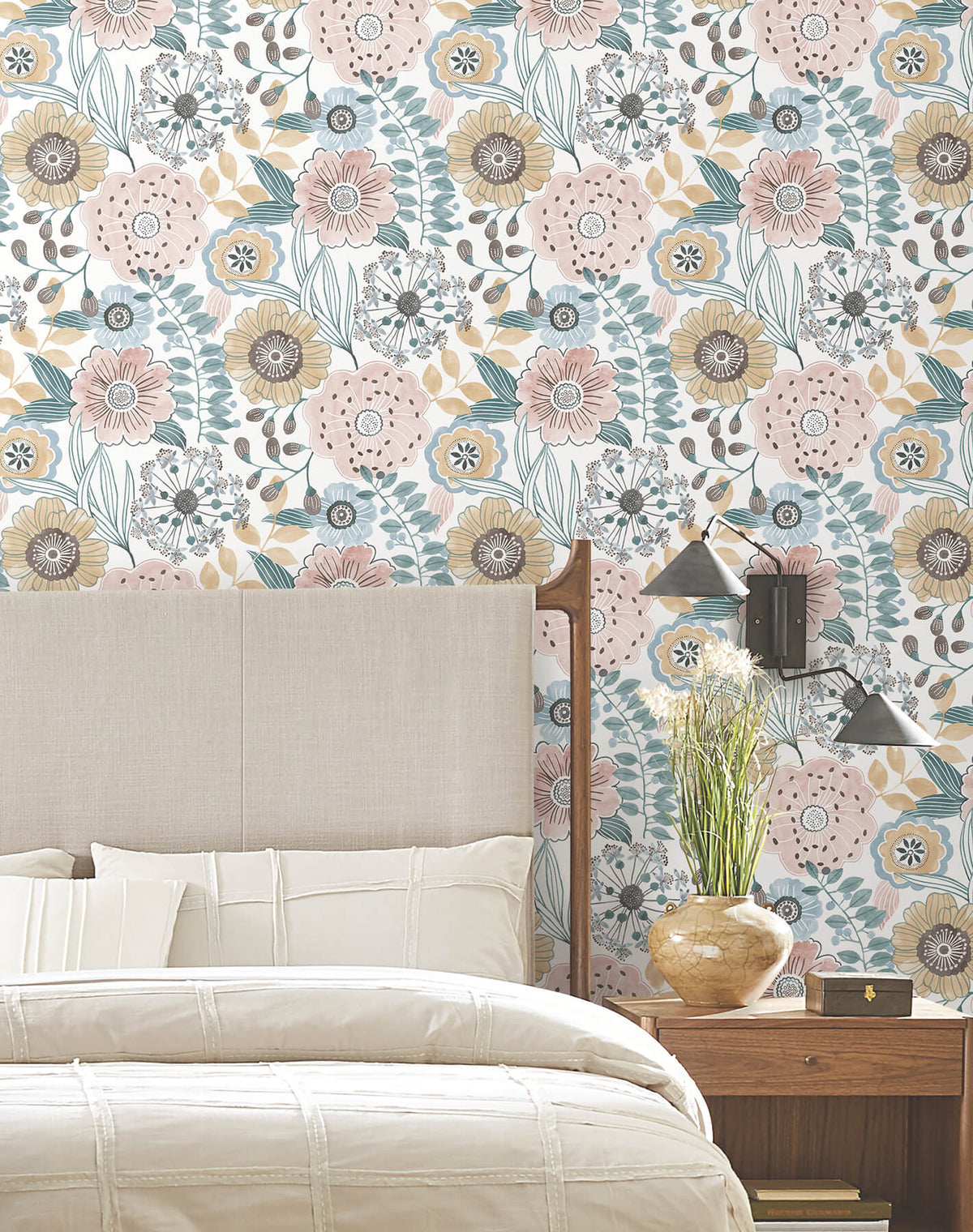 York Artisan Studio Artistic Bouquet Wallpaper Sample - Ochre & Ocean