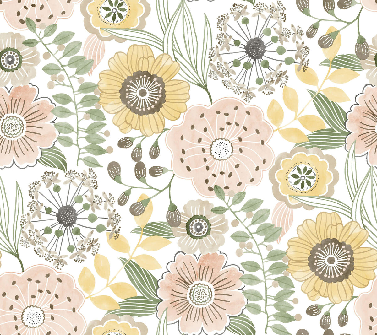 York Artisan Studio Artistic Bouquet Wallpaper Sample - Coral & Lemon