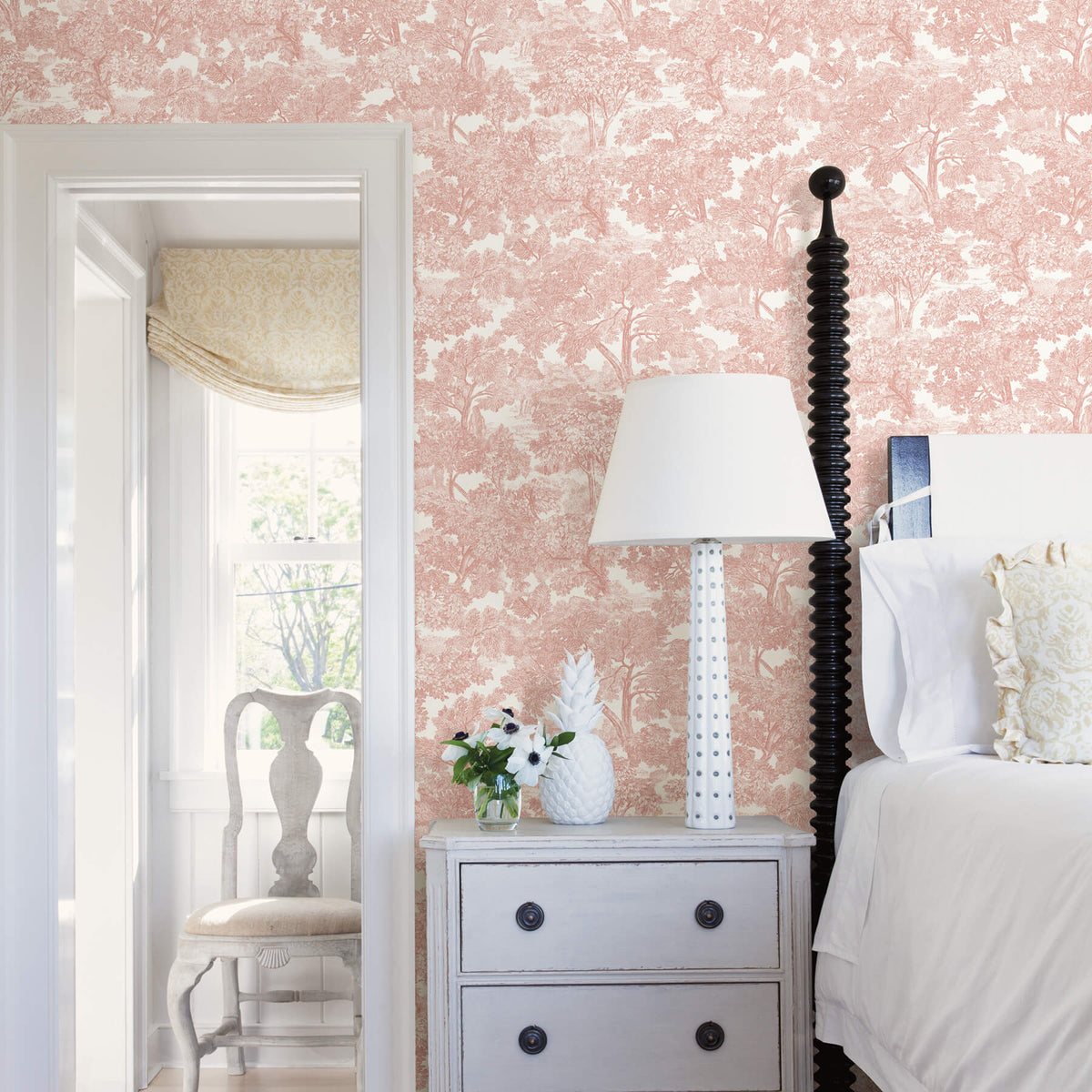 Chesapeake Farmhouse Spinney Toile Wallpaper Sample - Rose