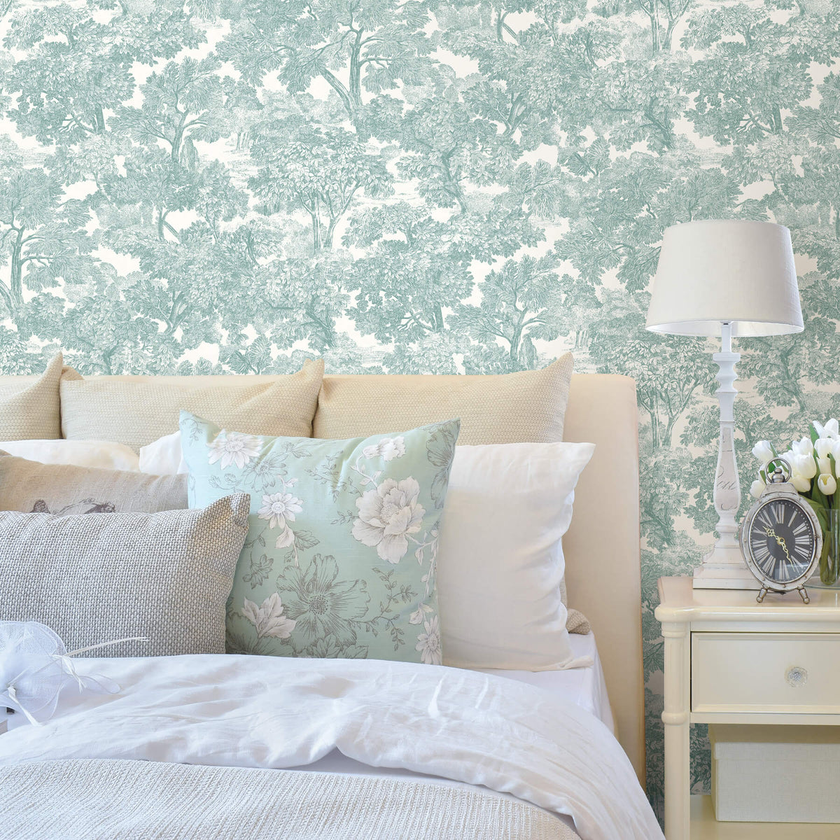 Chesapeake Farmhouse Spinney Toile Wallpaper - Teal