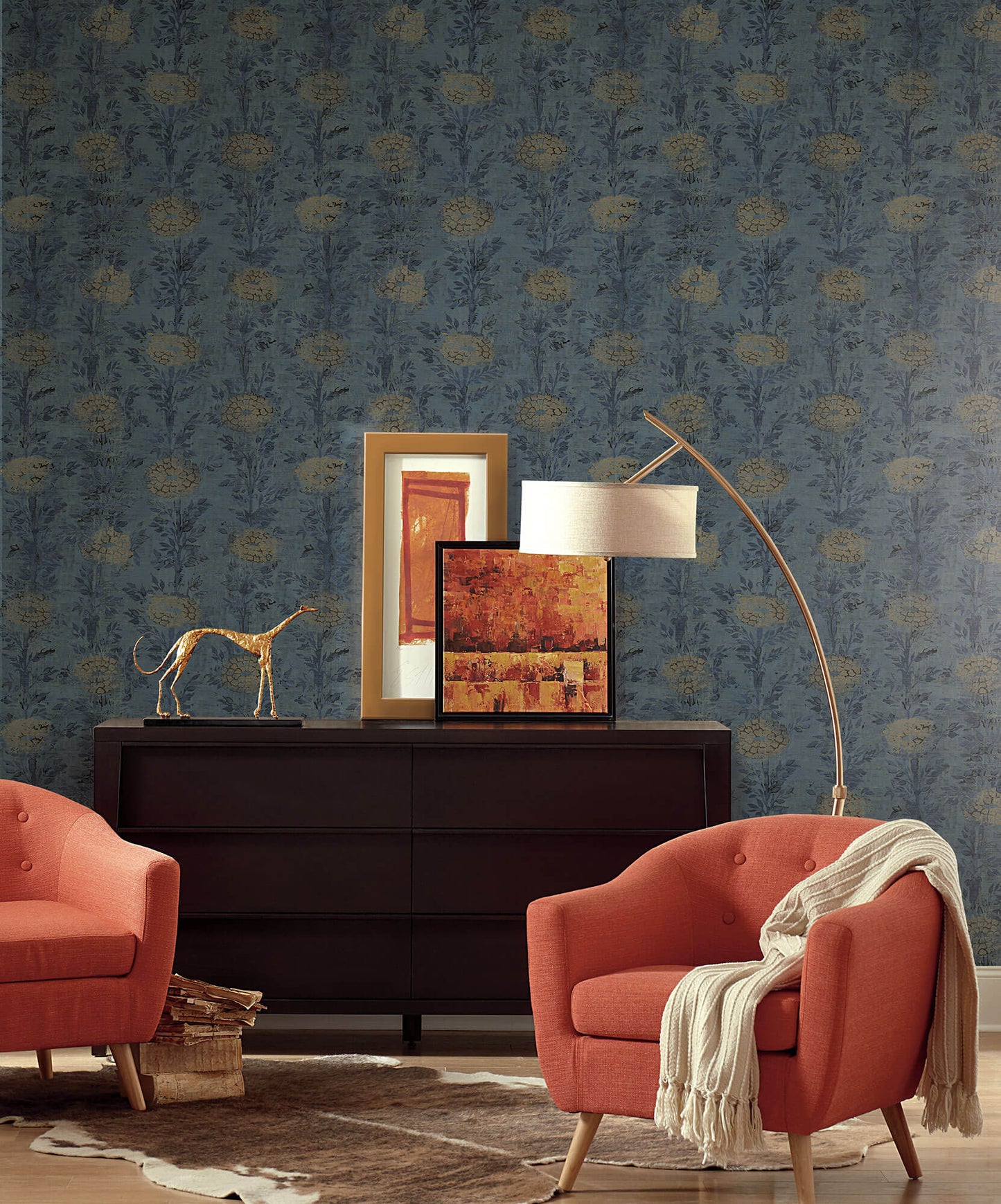 Ronald Redding Tea Garden French Marigold Wallpaper - Blue & Gold