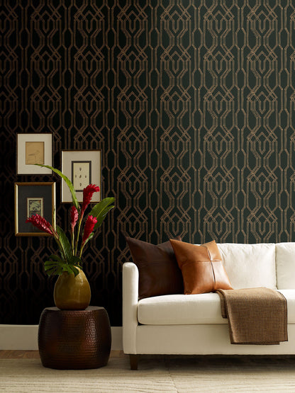 Ronald Redding Tea Garden Oriental Lattice Wallpaper - Black & Gold