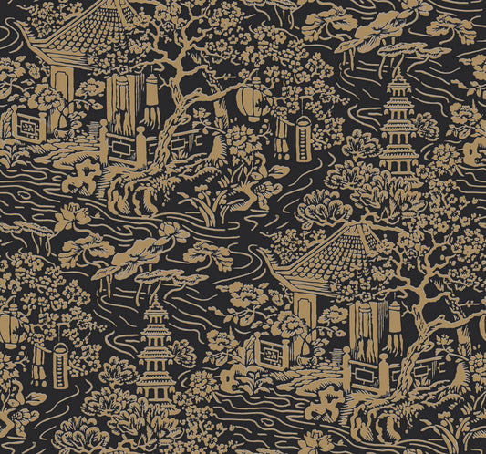 Ronald Redding Tea Garden Chinoiserie Wallpaper - Black & Gold