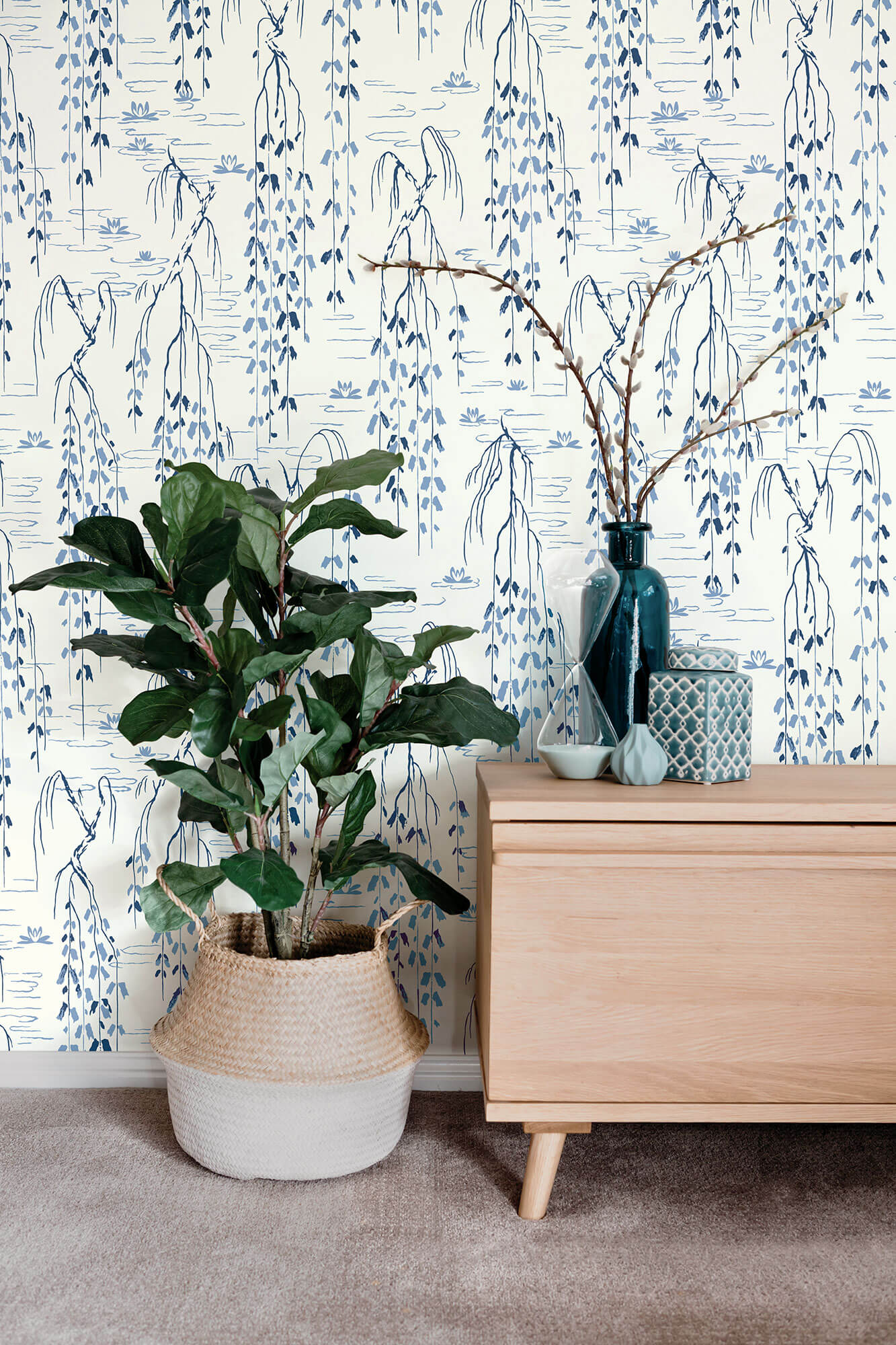 Ronald Redding Tea Garden Willow Branches Wallpaper - White & Blue