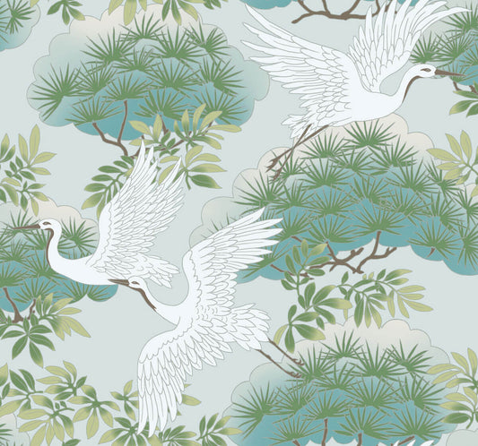 Ronald Redding Tea Garden Sprig & Heron Wallpaper - Teal