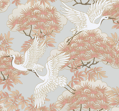 Ronald Redding Tea Garden Sprig & Heron Wallpaper - Orange