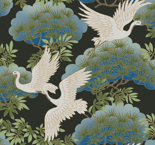 Ronald Redding Tea Garden Sprig & Heron Wallpaper - Black